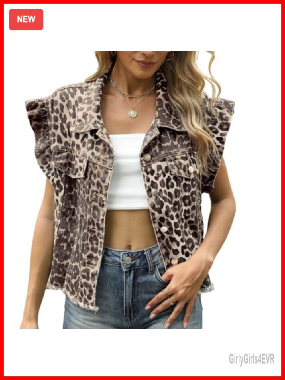 Women's Denim Crop Vest Ruffle Sleeve Collared Button Down Jean Top